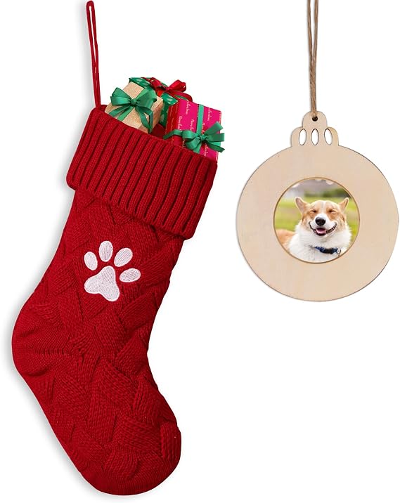 Mostop Knit Christmas Stocking, Large Red Pet Stocking with Paw Embroidery Xmas Hanging Stocking for Home Decorations Party Favor Supplies