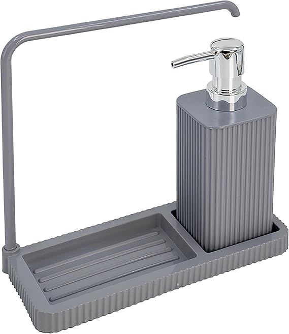 Promosyonca Modern Mutfak Sıvı Sabunluk Seti, Plastik, Askılı Tasarım, 20.5x20x9 cm, Damlalıklı Stand (Gri)
