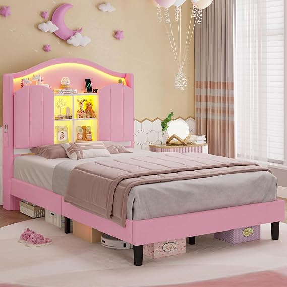 BTHFST Girls LED Twin Size Bed Frame with Upholstered Storage Headboard