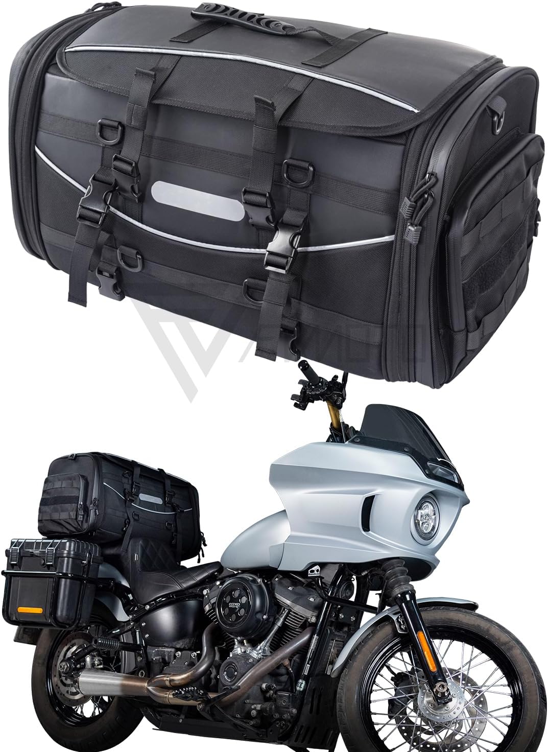 Universal Motorcycle Travel Luggage, Expandable Tail Bag 60-85L 15-22 Gallon, All Weather Rack Bag, Sissy Bar Bags, Helmet Bag, Tour Pack Bag Storage Backpack with 6 Straps, Waterproof cover