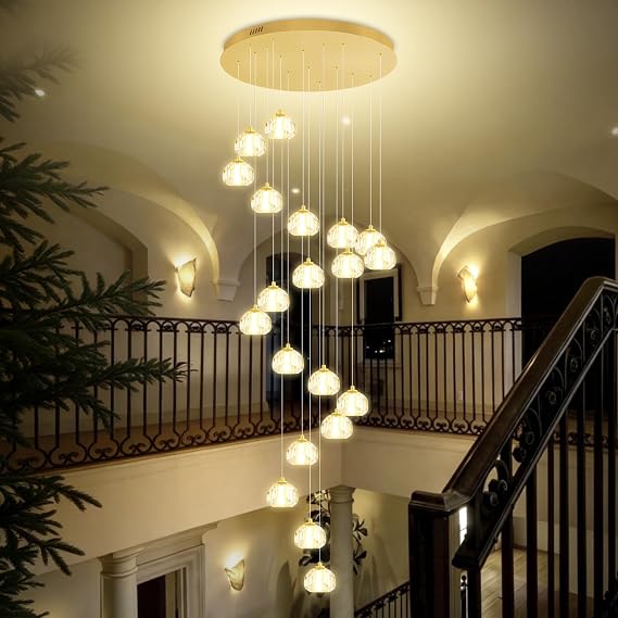 Modern LED Crystal Ball Chandeliers for High Ceiling Spiral Stair Chandelier Adjust Hanging Pendants Lighting for Stairwell Hallway Foyer 20-Light Gold