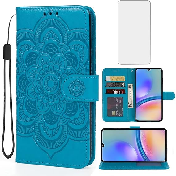Case for Galaxy A05S Case, Samsung A05S SM-A057F Wallet Case with Tempered Glass Screen Protector, Mandala Leather Flip Credit Card Holder Stand Phone Cover Cases for Samsung Galaxy A05S Blue