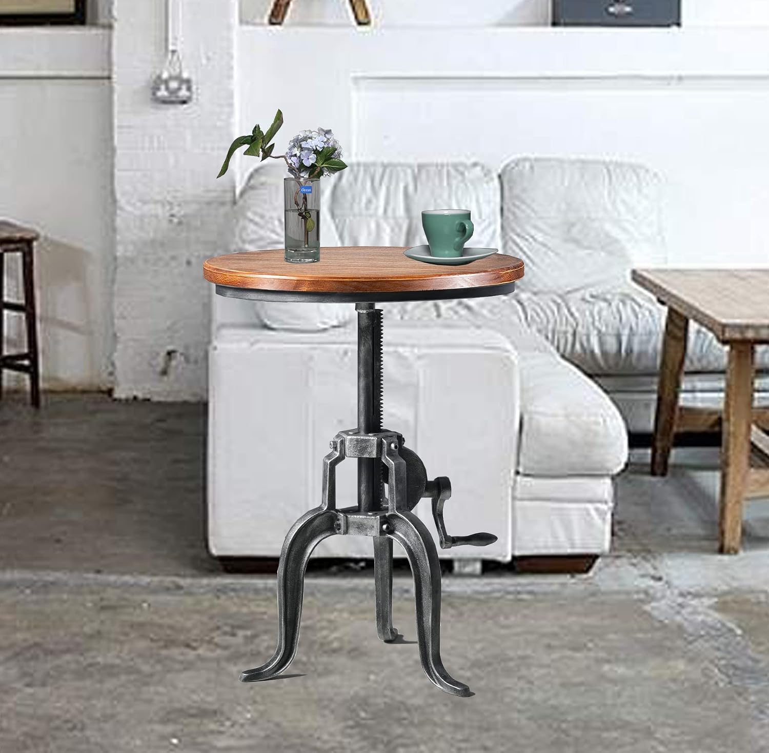 Topower Industrial Retro Side Table Antique Mechanic DIY Crank Height Ajustable Cast Iron Three-Legged Farmhouse Accent End Table