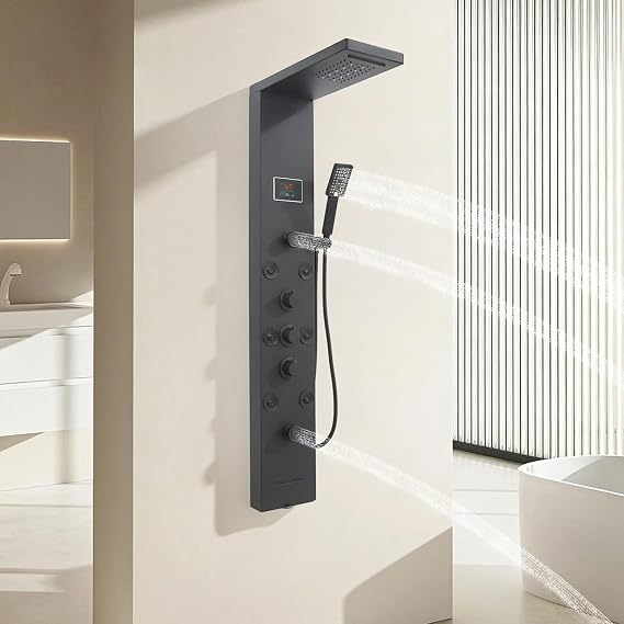 6-in-1 LED Shower Panel Tower System with 8 Adjustable Body Jets, Rainfall & Waterfall Shower, Smart Temperature Display, 59" Hose, Brushed Gold Stainless Steel, Wall Mounted (Black)