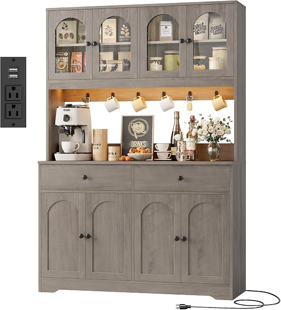 HIFIT 71" LED Kitchen Pantry Cabinet with Power Outlet, Tall Hutch, Grey