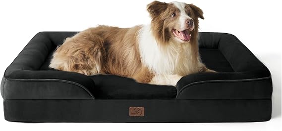 Bedsure Large Dog Bed Sofa - Washable Orthopedic Dog Beds and Couch with Removable Flannel Cover, Waterproof Dog Pillow with U-Shape Bolster, Black Squre Pet Bed, 97x71x16cm