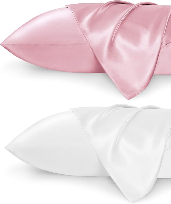 Bedsure Satin Pillowcase for Hair and Skin Standard - Silk Pillowcase 2 Pack 20x26 inches with Envelope Closure, Pink and White