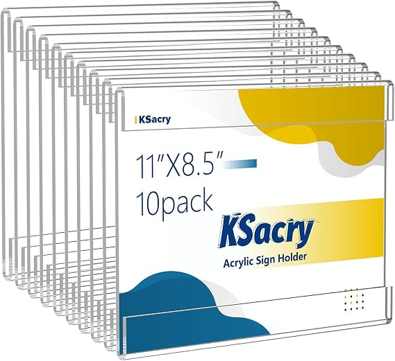 10 Pcs Acrylic Sign Holder 11 x 8.5, Horizontal Wall Mount Sign Holders | Clear Plastic Frames Paper Display Sign Holders for Office, Home, Store, Restaurant - No Drilling