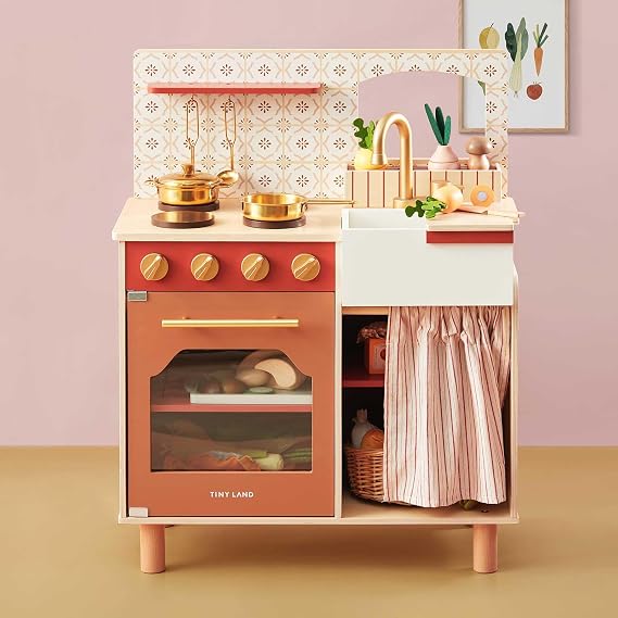 Tiny Land Wooden Play Kitchen for Toddlers, Warm Retro Design