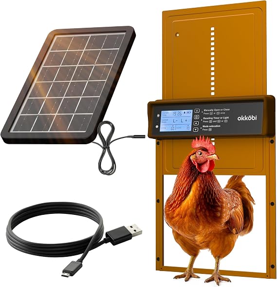 Okkobi Automatic Chicken Coop Door Solar Powered - Chicken Coop Door with Remote Control, Timer & Light Sensor - LCD Display - Security & Peace of Mind: Anti-Pinch function - 5-Year Protection