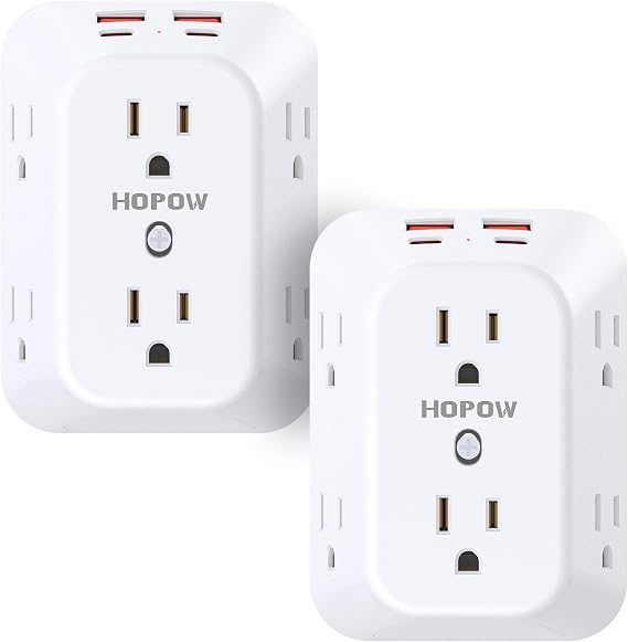 2 Pack Outlet Extender Surge Protector, HOPOW 6 Outlet Splitter with 4 USB Ports (2 USB C), USB Wall Charger, 3-Sided 1050J Multi Plug Wall Outlet, Wall Mount for Home Travel Office Travel, White