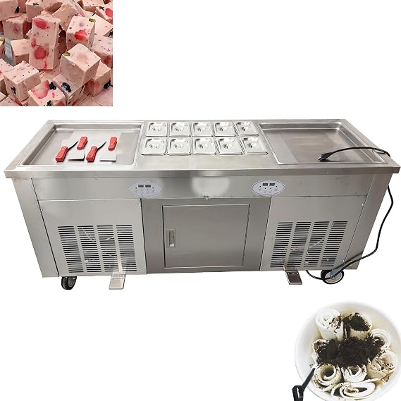 Commercial Rolled Ice Cream Maker, 2.8KW Stir-Fried Ice Cream Machine with Double 18"x18" Square Pan, Stainless Steel Ice Roll Maker for Shops, Includes 10 Storage Boxes
