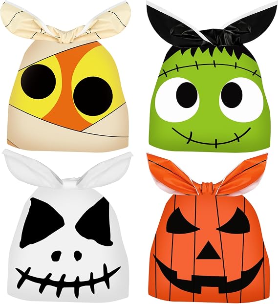 100 Pcs Halloween Treat Bags Rabbit Ear Candy Bags Trick or Treat Small Plastic Goodie Bag Halloween Party Favor Bags for Kids Party Favor Supplies, 4 Designs
