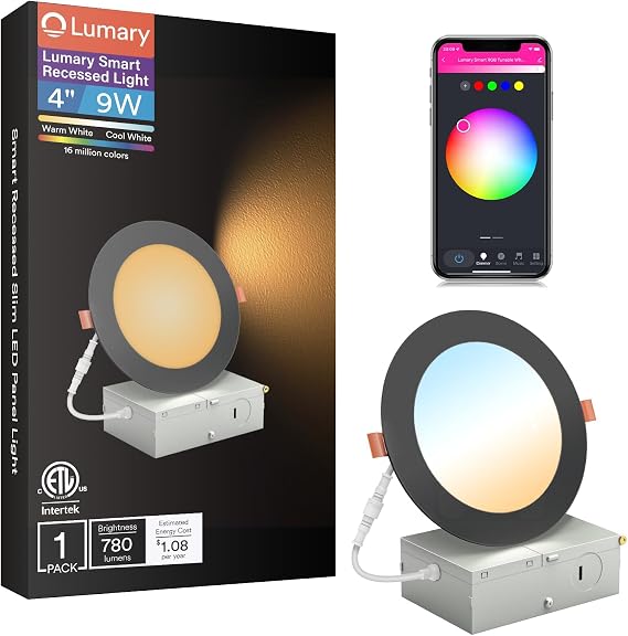 Lumary Smart Black Recessed Lights 4 Inch, RGBWW Canless Wafer Downlight 9W | 780LM, Supports Lumary Dimmer Switch, BT Remote Control, Work with Alexa & Google Assistant, ETL Listed, 1 Pack, Black