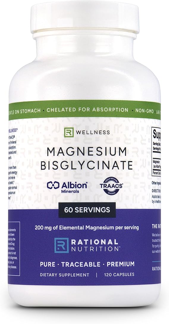 Magnesium Bisglycinate Chelate 200mg Elemental per Serving Albion TRAACS Unbuffered Formula Gentle on Stomach, High Absorption 120 Capsules Rational Nutrition