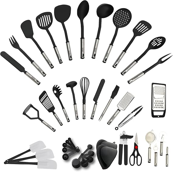 42-Piece Set, A complete Kitchen Utensils Set made of Stainless Steel and Nylon Heat Resistant, Non Toxic, Food safe, for Home, Business and camping.