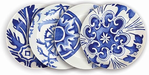 Rosanna Azul Pasta Bowls, Set of 4, 8.25" Porcelain Pasta Bowl, Perfect Shallow Bowls, Dishwasher & Microwave Safe, Porcelain Bowl Plates