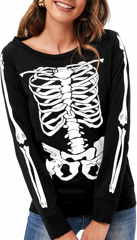 DDSOL Women's Long Sleeve Skeleton Shirt Crewneck Halloween Costume Outfits Tops Skeleton Sweatshirt