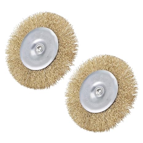 uxcell 4-Inch Wire Wheel Brush Bench Copper Plated Crimped Steel 1/4-Inch Shank 2 Pcs