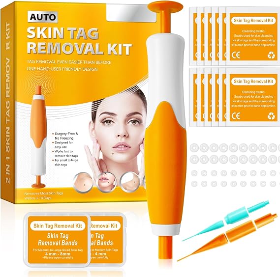 Skin-Tag-wart-Remover Kit, 2 In 1 Auto Skin-Tag-Mole-Removal Pen,Painless & Fast & Easy & Safe Clear Skin Tag & Mole for Small to Large(2-8mm) for All Body Parts, 40 Removal Bands & 10 Cleansing Wipes
