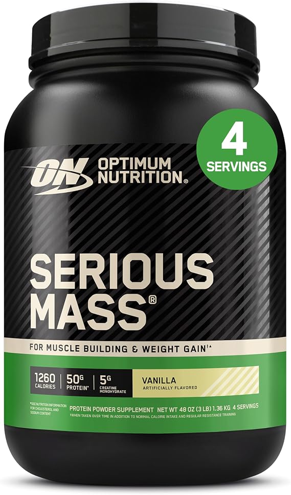 Optimum Nutrition Serious Mass, Weight Gainer Protein Powder, Mass Gainer, Vitamin C and Zinc for Immune Support, Creatine, Vanilla, 3 Pound (Packaging May Vary)