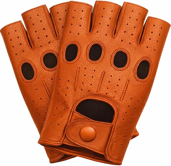 Riparo Leather Fingerless Driving Gloves for Men Perforated Half Finger Leather Gloves for Driving, Motorcycle Riding & Cycling Classic Snap Closure, Breathable Grip Control