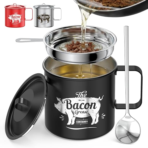 Bacon Grease Saver With Strainer, 20 OZ Stainless Steel Oil Container