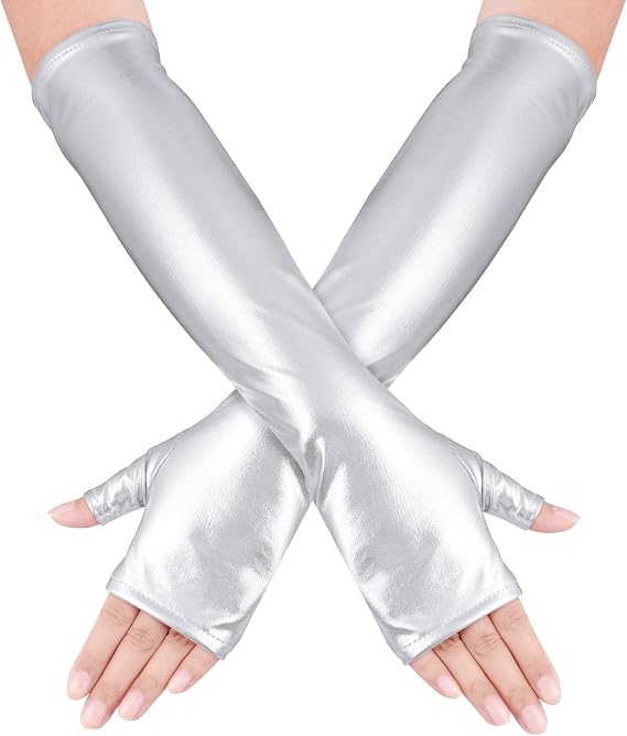 phnydreg Shiny Metallic Fingerless Gloves Long Silver Metallic Costume Gloves for Women Girls Halloween Cosplay Party