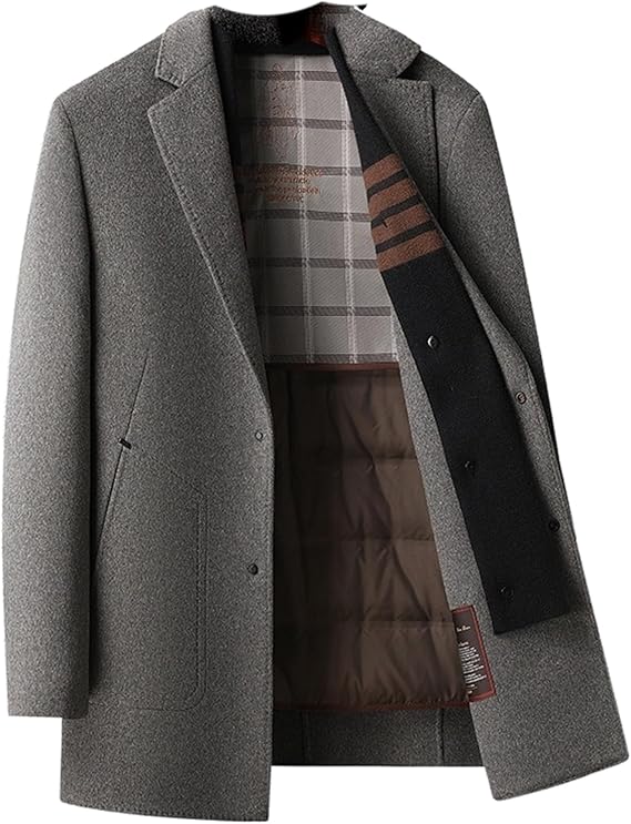 Men's Wool Blend Coat with Detachable Plaid Scarfs Notched Collar Pea Coat Trench Overcoat