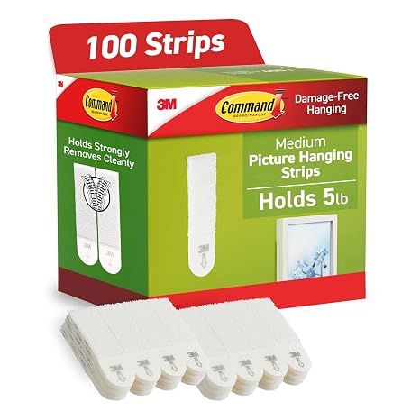 Command Medium Picture Hanging Strips, 5 lb per Strip, 100 Pairs, White
