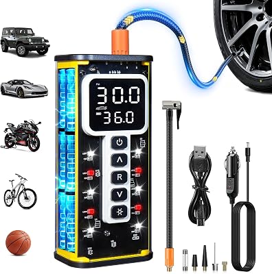 Upgraded Tire Inflator Portable Air Compressor, 150PSI Fast Cordless Air Pump for Car Tires, Auto Shut-Off Fast Inflation Tire Pump with Pressure Gauge & LED Light for Car, Bike, Motorcycle, Ball
