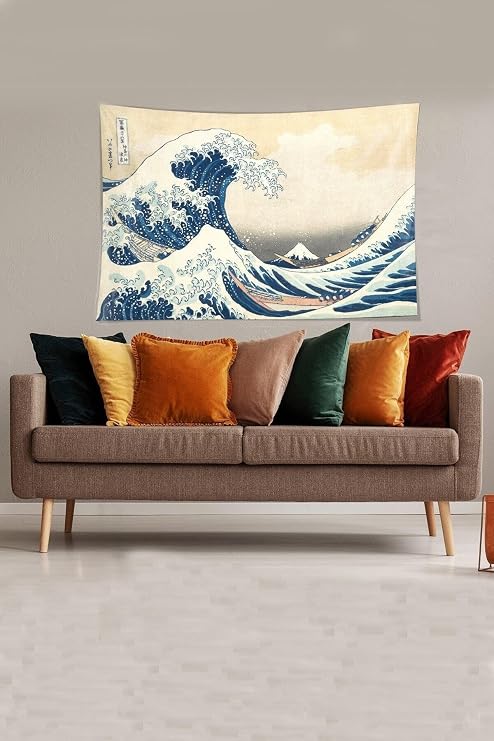 Pelangi Bej-Mavi Katsushika Hokusai Serisi Leke Tutmaz Kadife Kumaş Duvar Örtüsü Duvar Halısı Tapestry YWLL372, 140 x 230