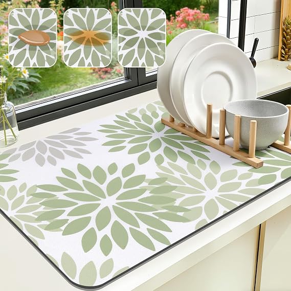 Findosom Floral Dish Drying Mat 12" x 20" Absorbent Coffee Mat, Sage Green