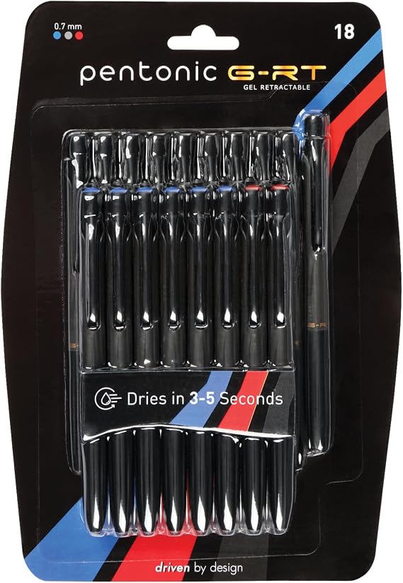 Pentonic G-RT Retractable Gel Pens, 18 Count, Assorted Color Ink (10 Black, 6 Blue, 2 Red), 0.7 mm Fine Point, Smooth Writing For Journaling (1002359)