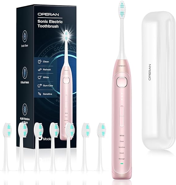 Operan Electric Toothbrush for Adults and Kids Rechargeable Sonic Toothbrush with 5 Modes 2-Min Smart Timer IPX7 Waterproof 40,000 VPM Motor with 8 Brush Heads & Travel Case (Pink, 1Pack)