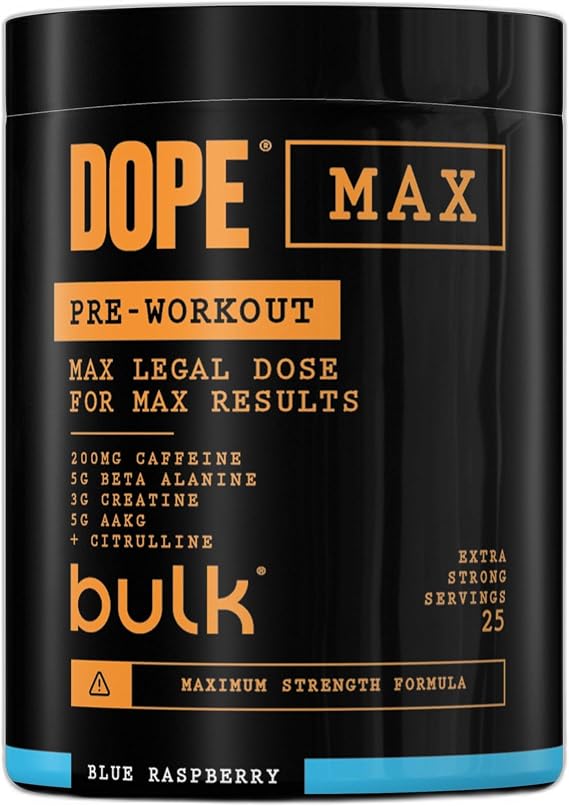 Bulk Dope Max Pre-Workout Powder, Blue Raspberry, 563 g, 200mg