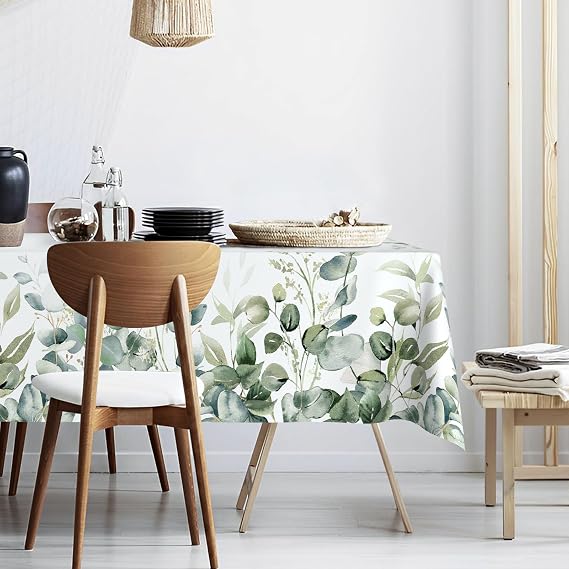 JOYPLUS Sage Green Eucalyptus Leaves Fabric Waterproof Tablecloth,Rectangle Watercolor Wrinkle Oil-Proof Resistant Table Cover for Dining Table, Buffet Parties and Camping, Mint Color (60" x 84")