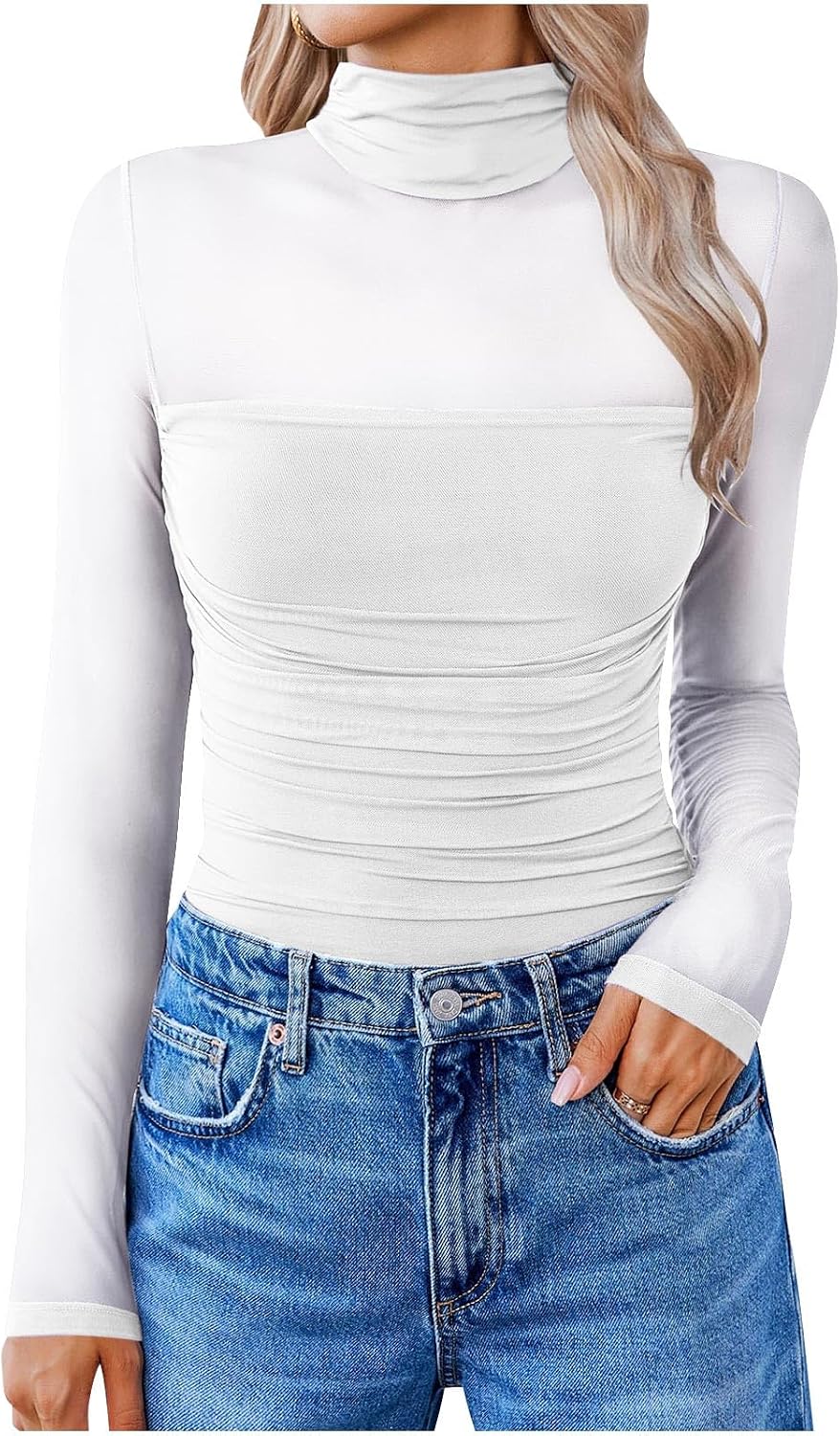 Akklian Women Long Sleeve Sheer Mesh Bodysuit Turtleneck Shapewear Body Suits Ruched Stylish Y2k Going Out Tops Leotard Shirt
