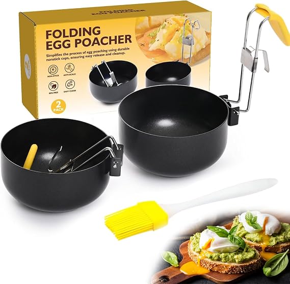 2 PCS Stainless Steel Egg Poacher Egg Cooker, Non-Stick Ear Egg Boiler Poached Egg Maker with Collapsible Hang Ear, Egg Poacher Boiled Eggs Maker Cup for Easy Poaching & Healthy Breakfast