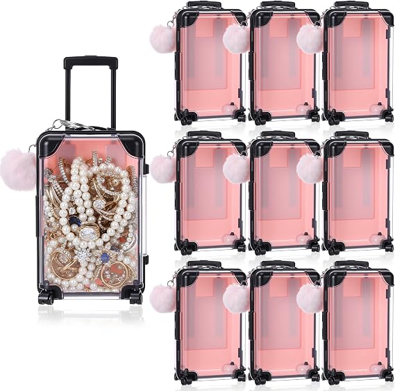 Gejoy 16 Pcs Mini Suitcase Party Favor Box with Plush Keychain,Pink