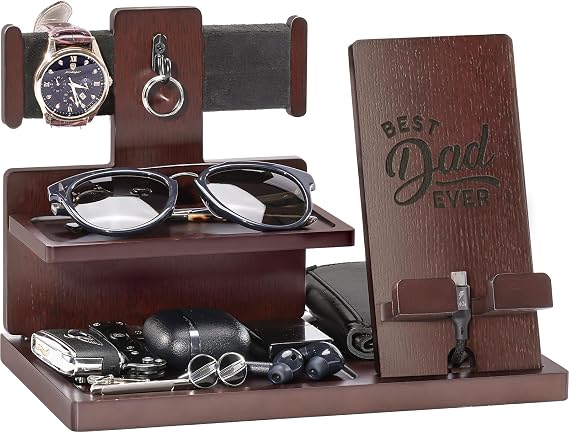 ProCase Gifts for Dad, Wood Phone Docking Station for Men, Dad Gifts From Daughter Son, Mens Nightstand Organizer, Anniversary Birthday Gifts for Dad Father Husband Him -Espresso (Engraved Word)