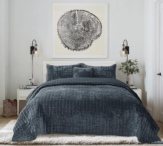 5 Pieces Luxurious Velvet King Quilts Set 106x98 Bedspread Coverlet with 20x36 Pillow Shams, Euro Shams,Grey Blue