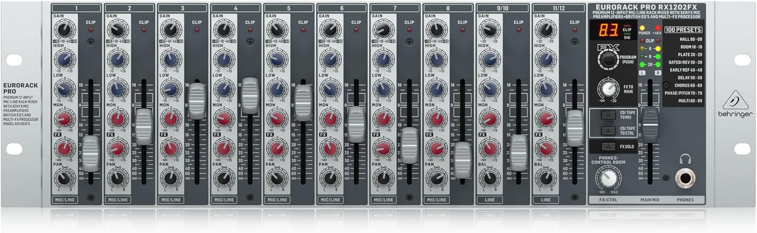 Behringer RX1202FX V2 Premium 12-Input MicLine Rack Mixer with XENYX Mic Preamplifiers, British EQ's and Multi-FX Processor
