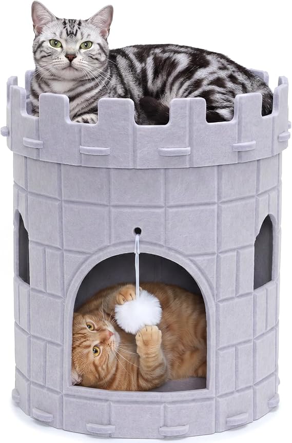Cat House for Indoor Cats, Felt Cat Bed Cave with Hanging Ball | Scratch-Resistant Castle Condo, Roomy Cave for Indoor Large Cats, Sturdy Holds Cats up to 22 Lbs, Cozy Kitten Hideaway, Gray