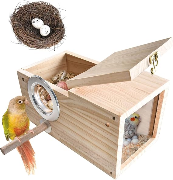 Bird Nesting Box Parakeet Parrot Breeding Nest Wooden Acrylic Transparent Bird House with Small Nest for Small Parrot Conure Lovebirds (Large)
