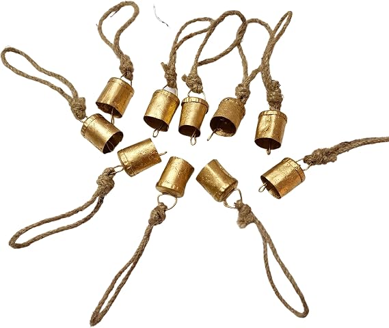 4cm Small Vintage Rustic Lucky Tin Metal Cow Bells Handmade Christmas Decor Bells on Jute Rope (10, Cylinder)