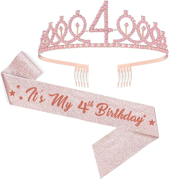 4th Birthday Glitter Sash, Pink Crown and Party Supplies for Fabulous Girl