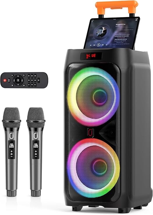 JYX Karaoke Machine with 2 Wireless Mics, 500W Peak, Dual 8" Subwoofers