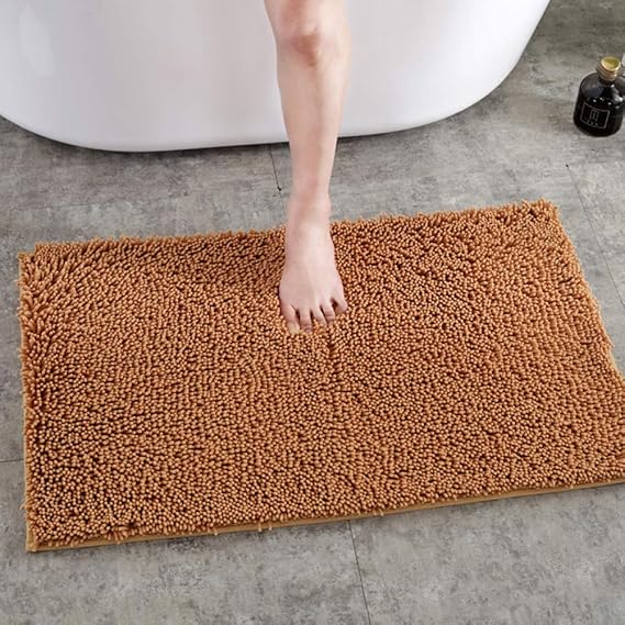 Not-Slip Water Absorbent Chenille Bath Mat,Soft Fluffy Machine Washable Microfibers Bathroom Mat,for Bathroom Living Room Kitchen Champagne 50x150cm(20x59inch)