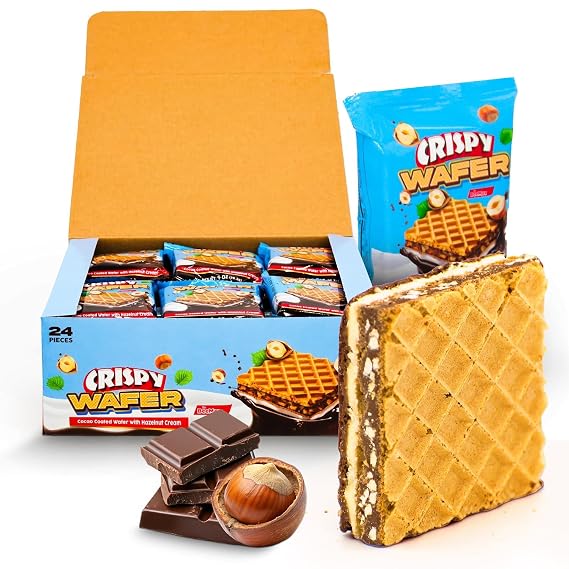 BEEMAX Five Layer Crispy Wafer Squares Filled with Creamy Hazelnut, Real Pieces, Decadent Cocoa & Indulgent Vanilla Cream, Individually Wrapped, Perfect Gourmet Snacks, Imported from Turkey, 24-Pack